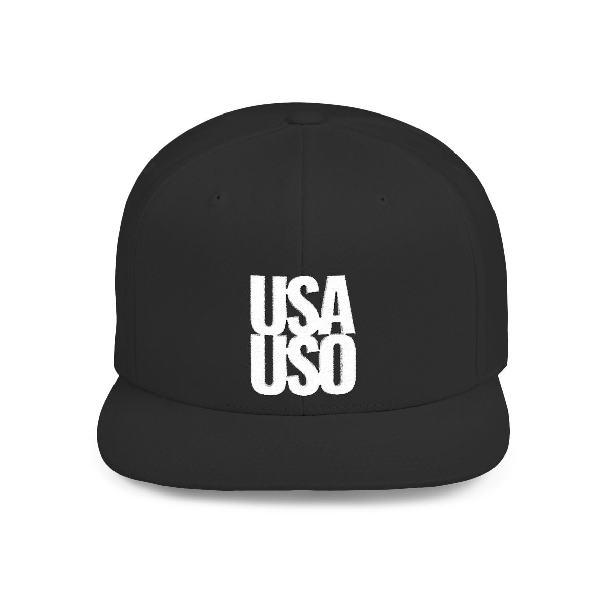 Fulfill Engine flat bill snapback hat with USA USO white embroidery, black color, one size, stylish hat for casual wear.