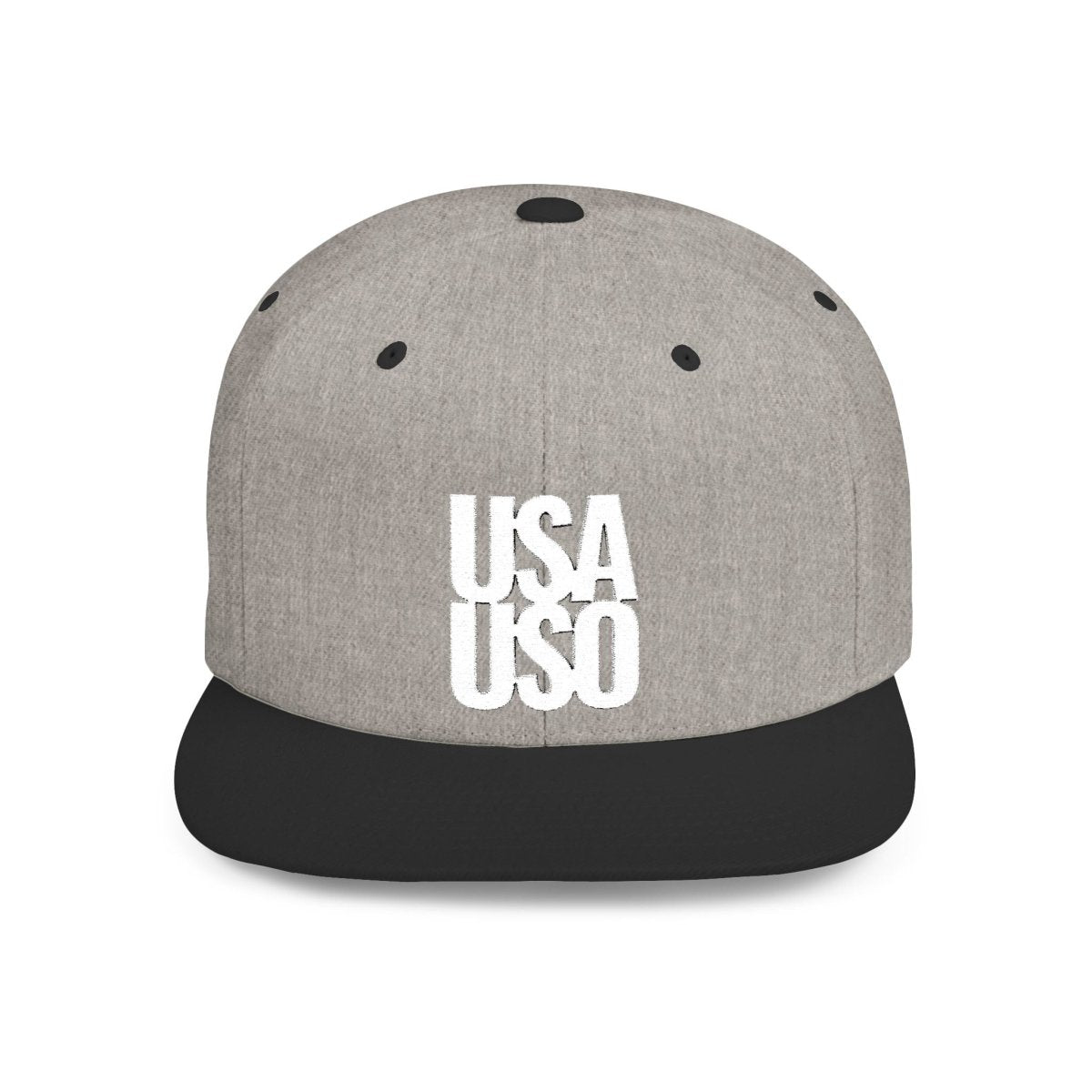 Black flat bill snapback hat by Fulfill Engine with white USA USO embroidery, featuring a structured design and adjustable snap closure.