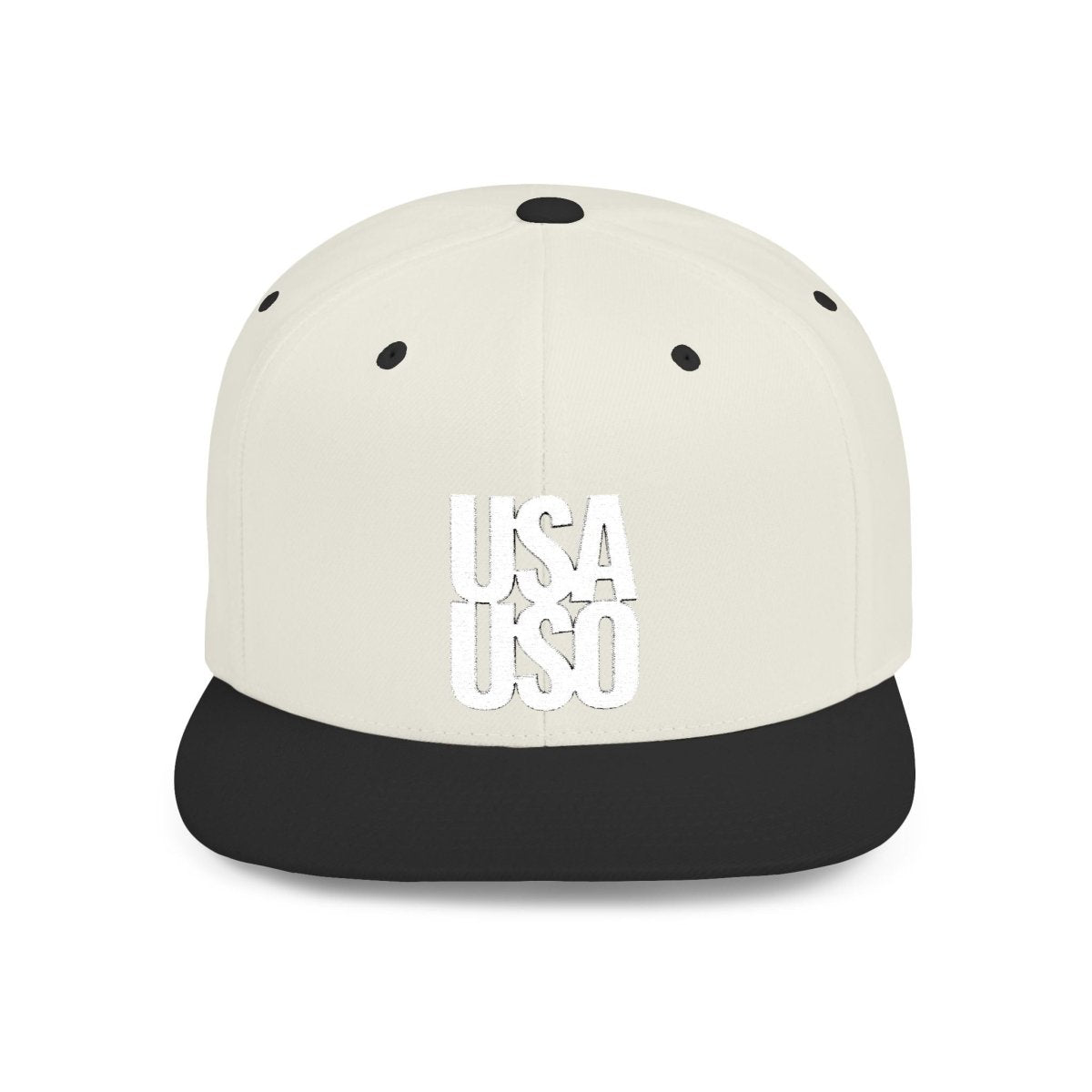 Black flat bill snapback hat by Fulfill Engine with white USA USO embroidery, one size fits most, suitable for AU, NZ, and USA.