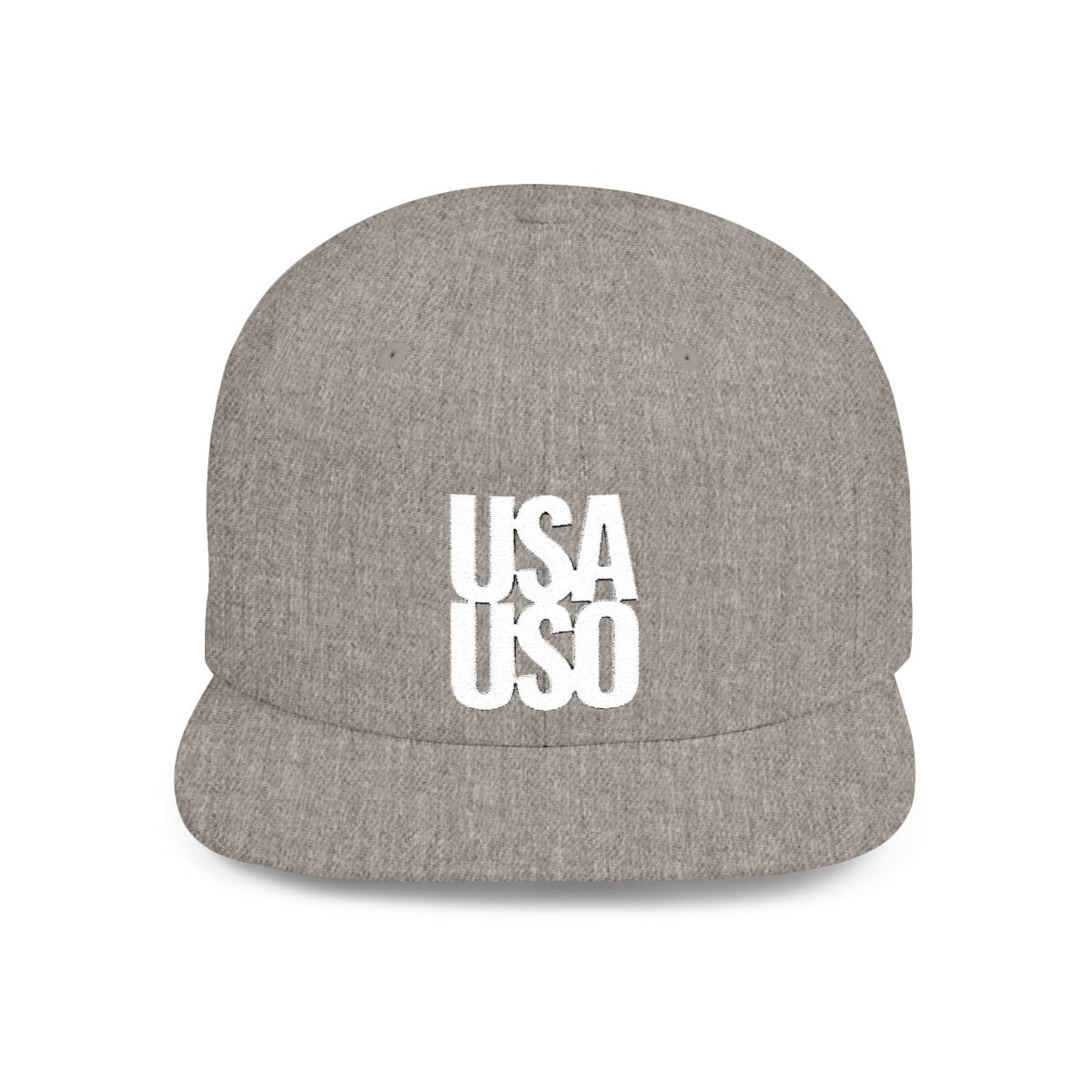 Fulfill Engine flat bill snapback hat in black with white USA USO embroidery, one size fits most, stylish and casual headwear.