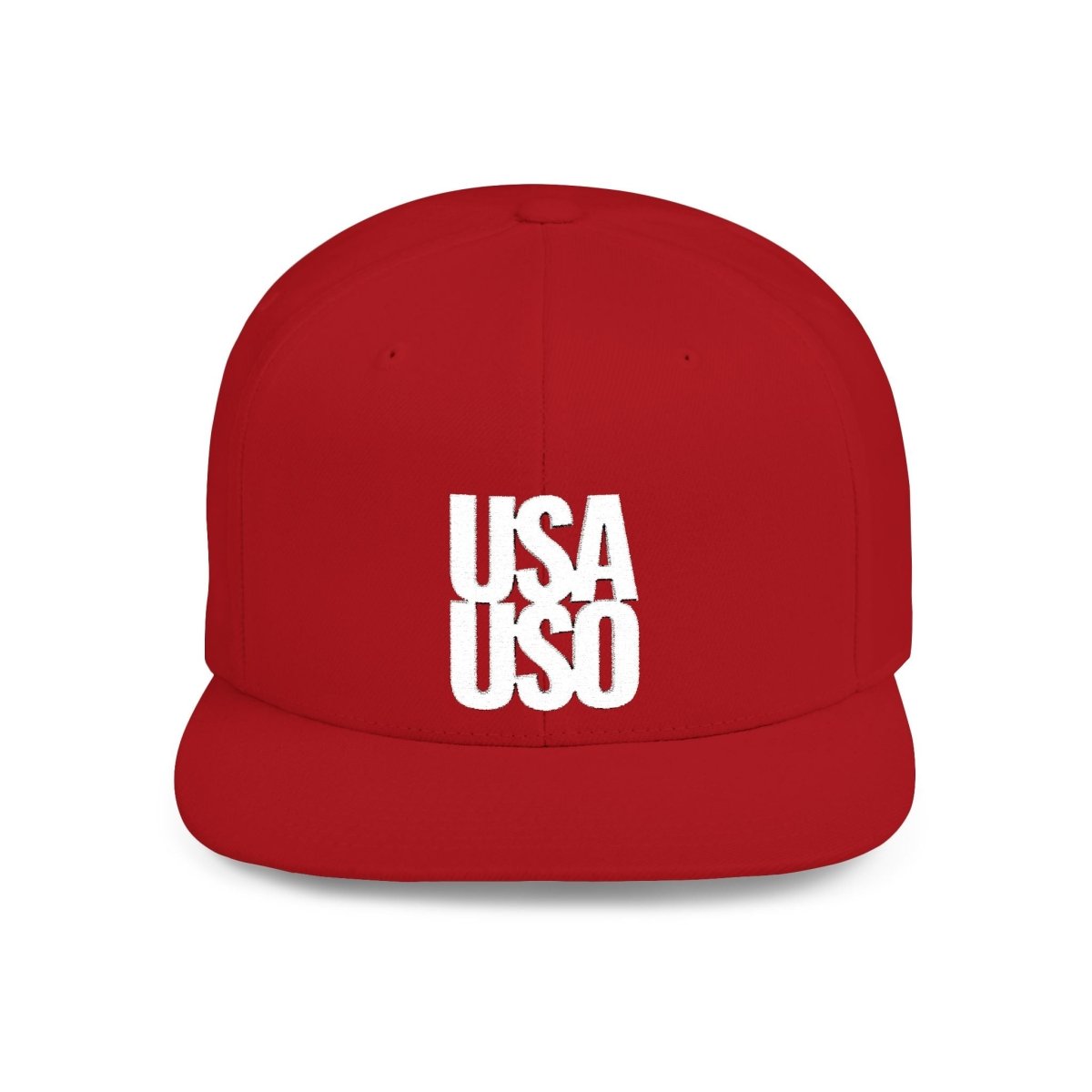 Black flat bill snapback hat by Fulfill Engine with white USA USO embroidery, one size fits all, featuring adjustable strap
