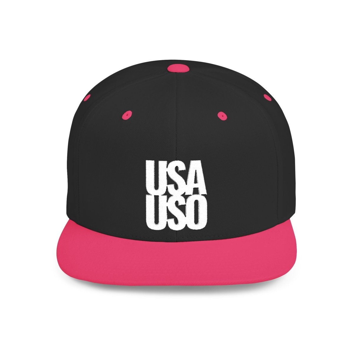 Black flat bill snapback hat by Fulfill Engine with white USA USO embroidery, one size fits all, stylish and casual headwear