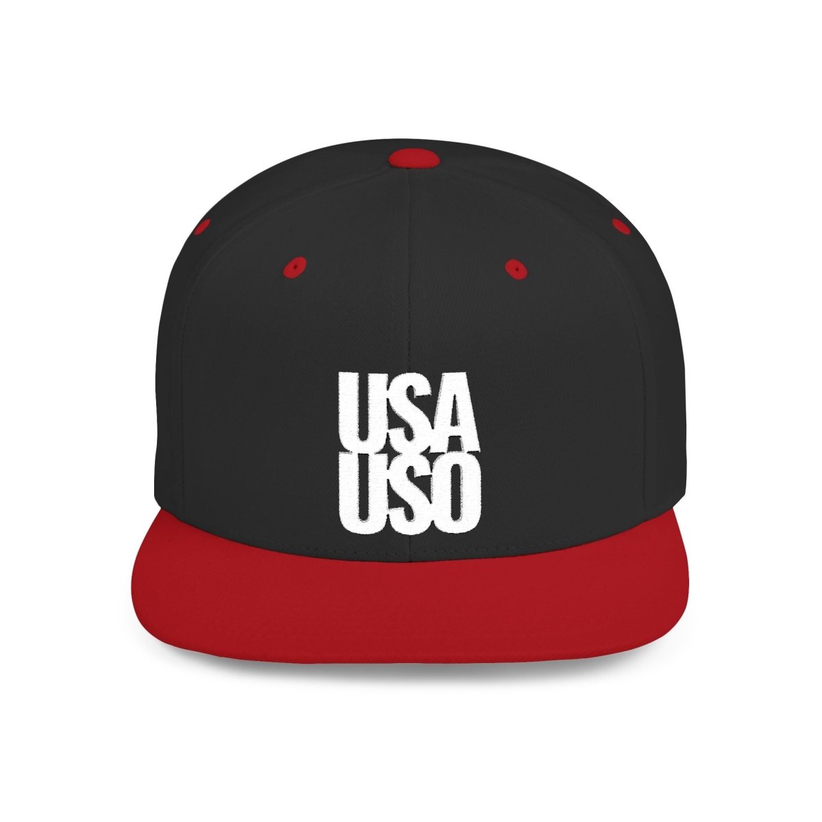 Fulfill Engine flat bill snapback hat with white embroidery, USO USA design, in black, featuring adjustable one-size fit.