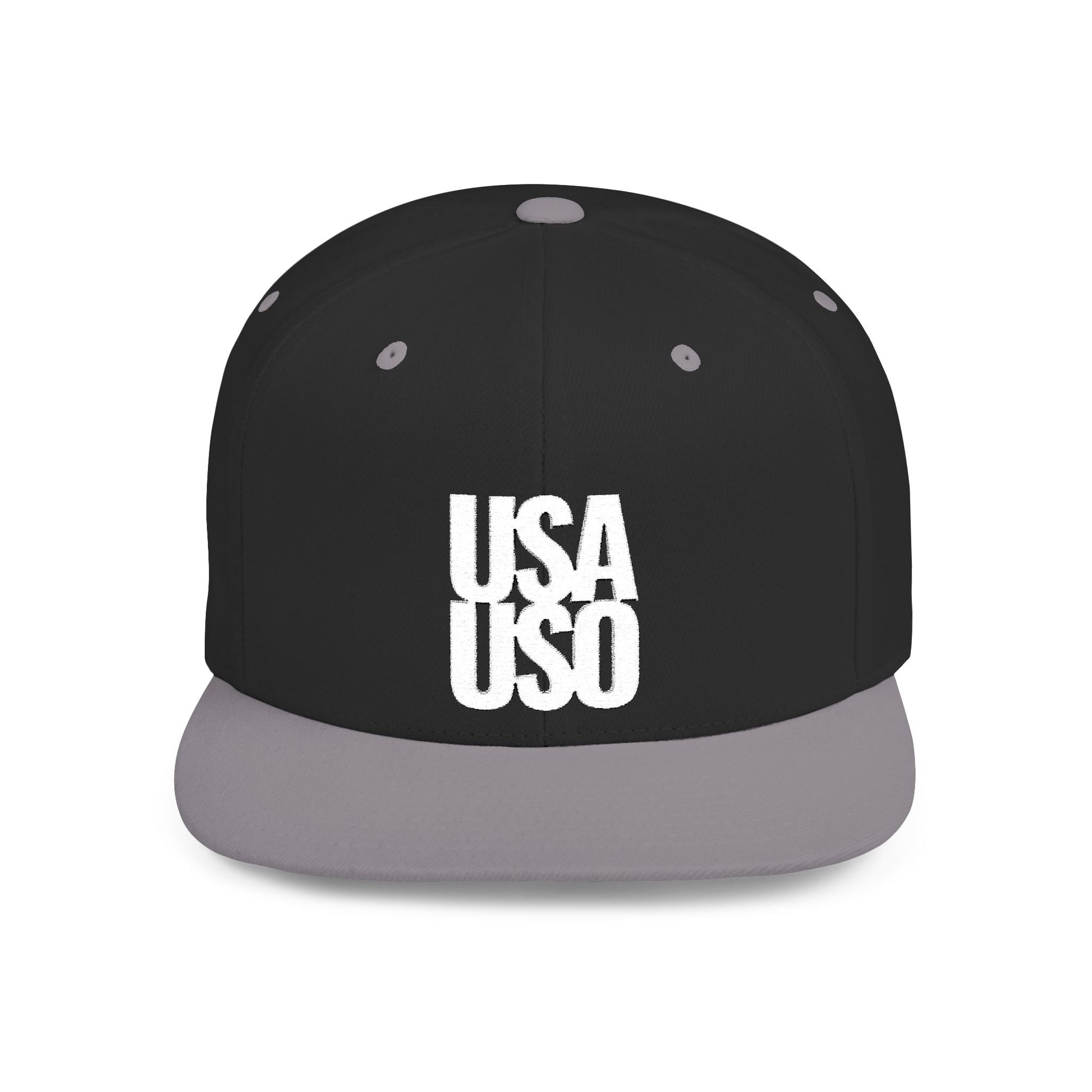 Black flat bill snapback hat by Fulfill Engine with white USA USO embroidery, adjustable one size fits all, stylish and casual.