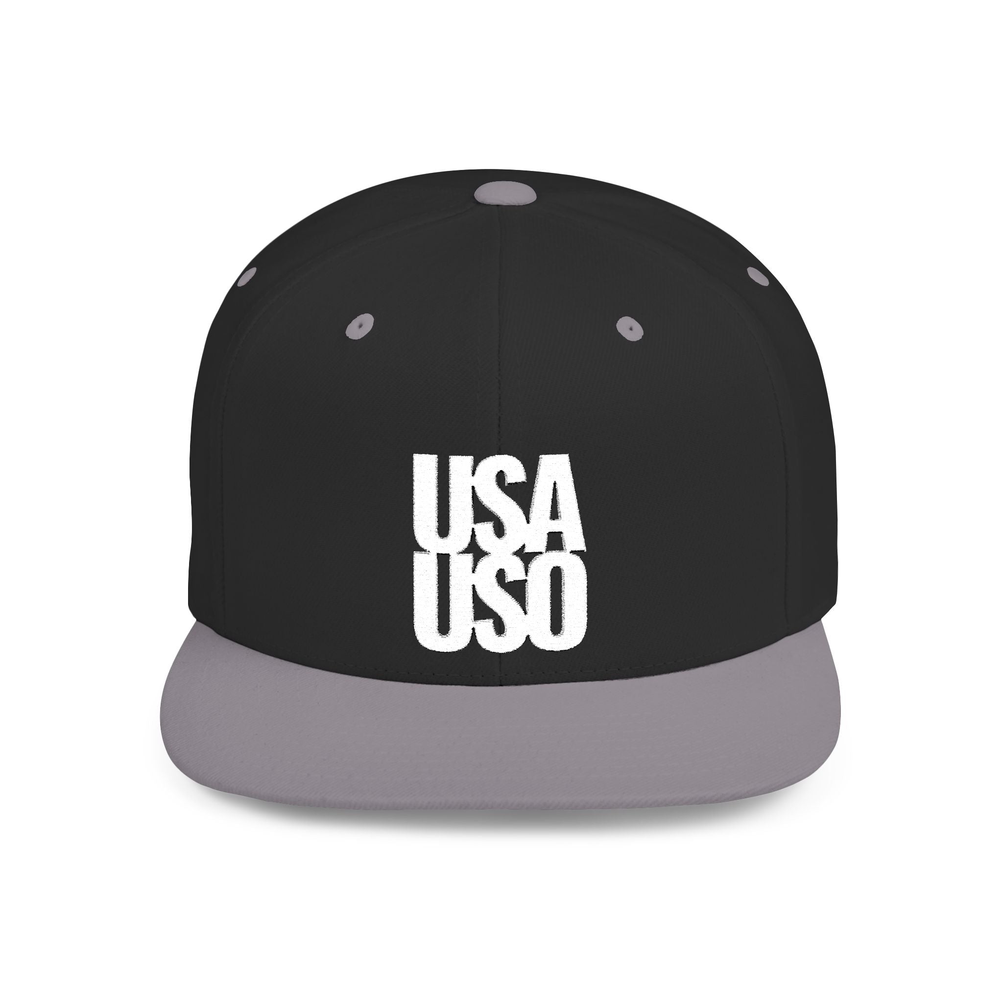 Black flat bill snapback hat by Fulfill Engine with white USA USO embroidery, adjustable one size fits all, stylish and casual.