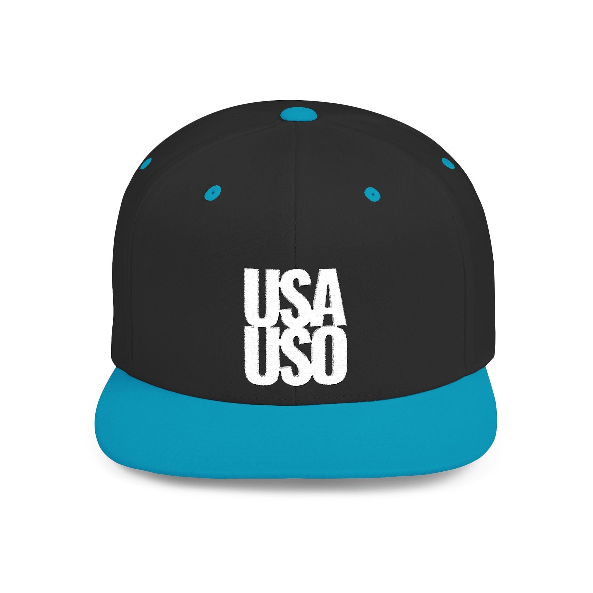 Black flat bill snapback hat by Fulfill Engine with USA USO white embroidery, one size fits all, stylish and casual headwear.