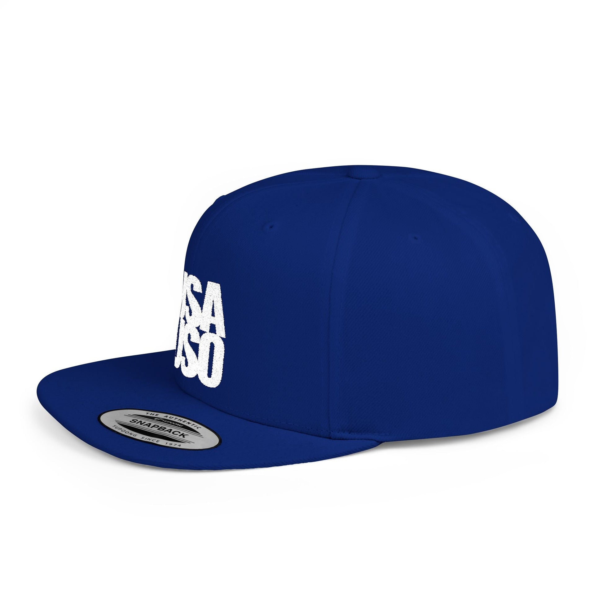 White embroidered flat bill snapback hat by Fulfill Engine featuring USA USO design, one size fits most, black cap front view.