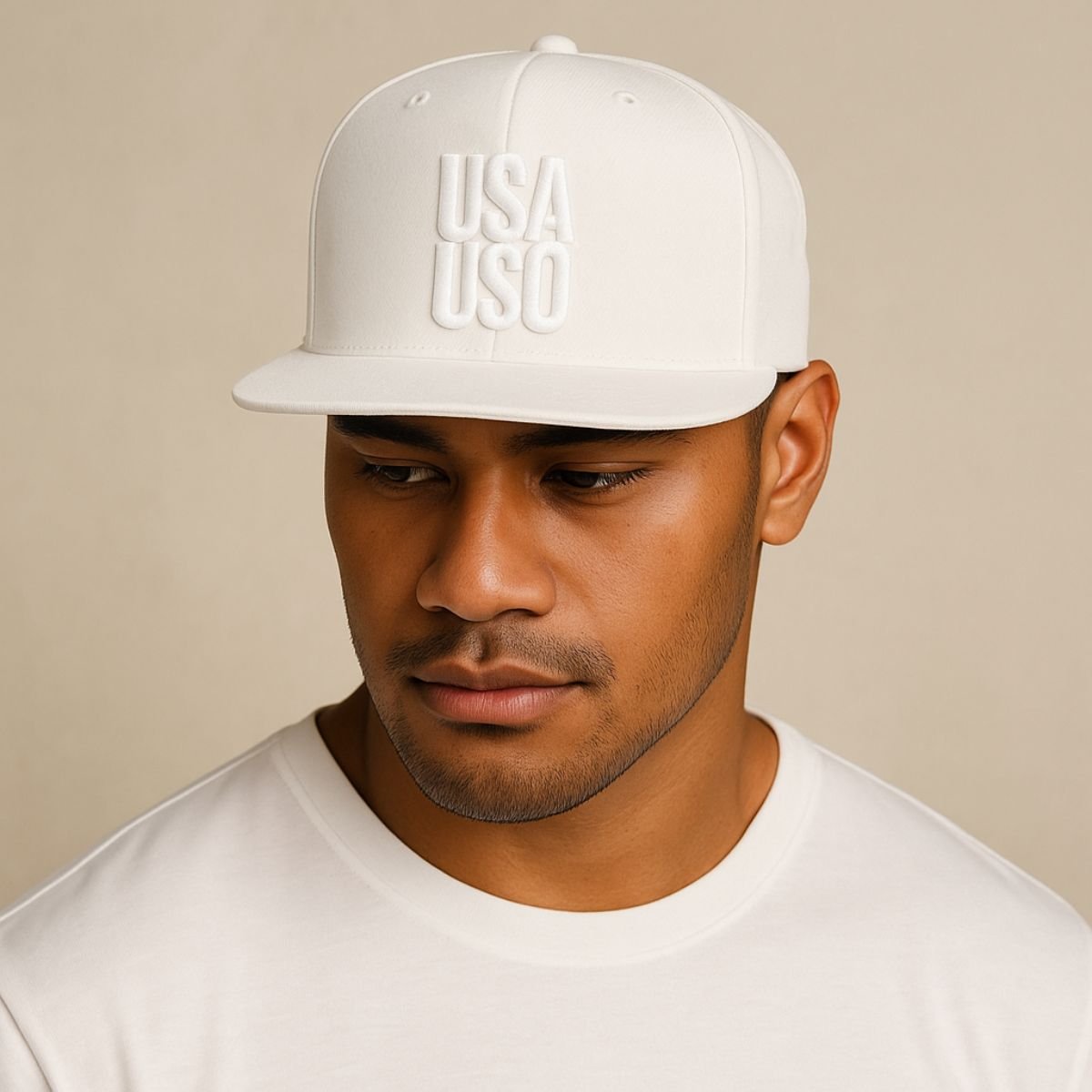 Black flat bill snapback hat by Fulfill Engine with white USA USO embroidery, featuring a structured brim and adjustable fit.