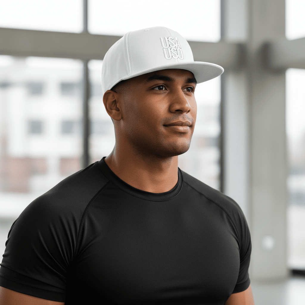 Fulfill Engine flat bill snapback hat with white USA USO embroidery, black adjustable cap, one size fits most, stylish and casual.