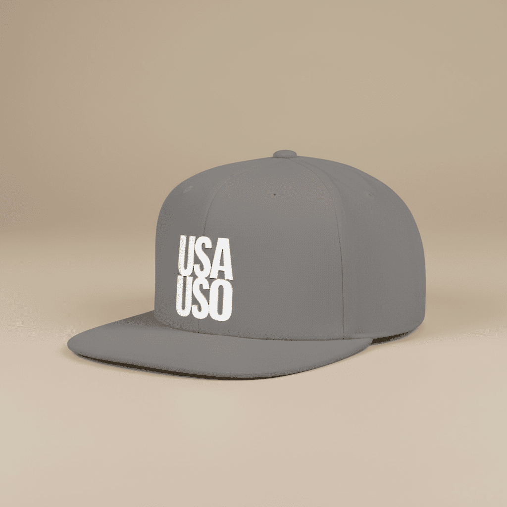 Fulfill Engine white embroidery flat bill snapback hat featuring USA USO design, adjustable one size, stylish men's accessory