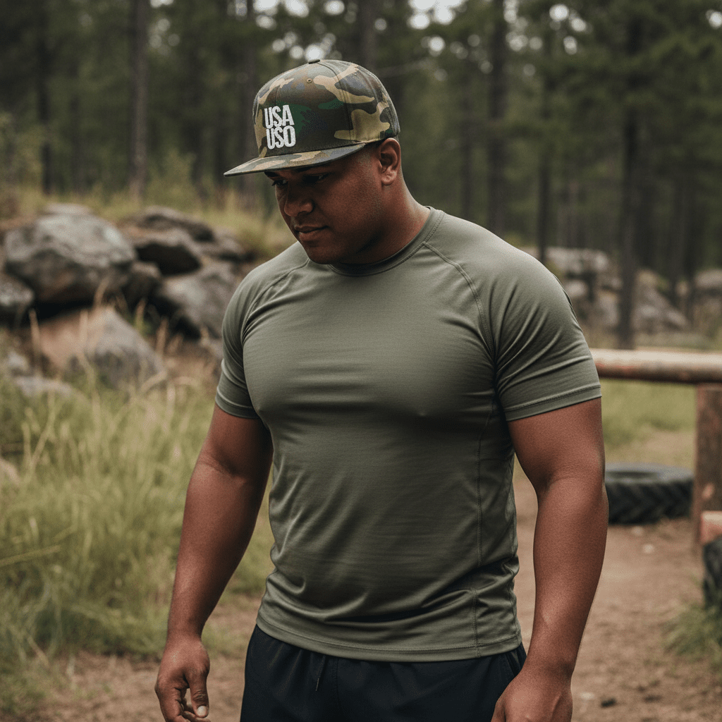 Black flat bill snapback hat by Fulfill Engine with white USA USO embroidery, one size fits all, featuring a classic style.