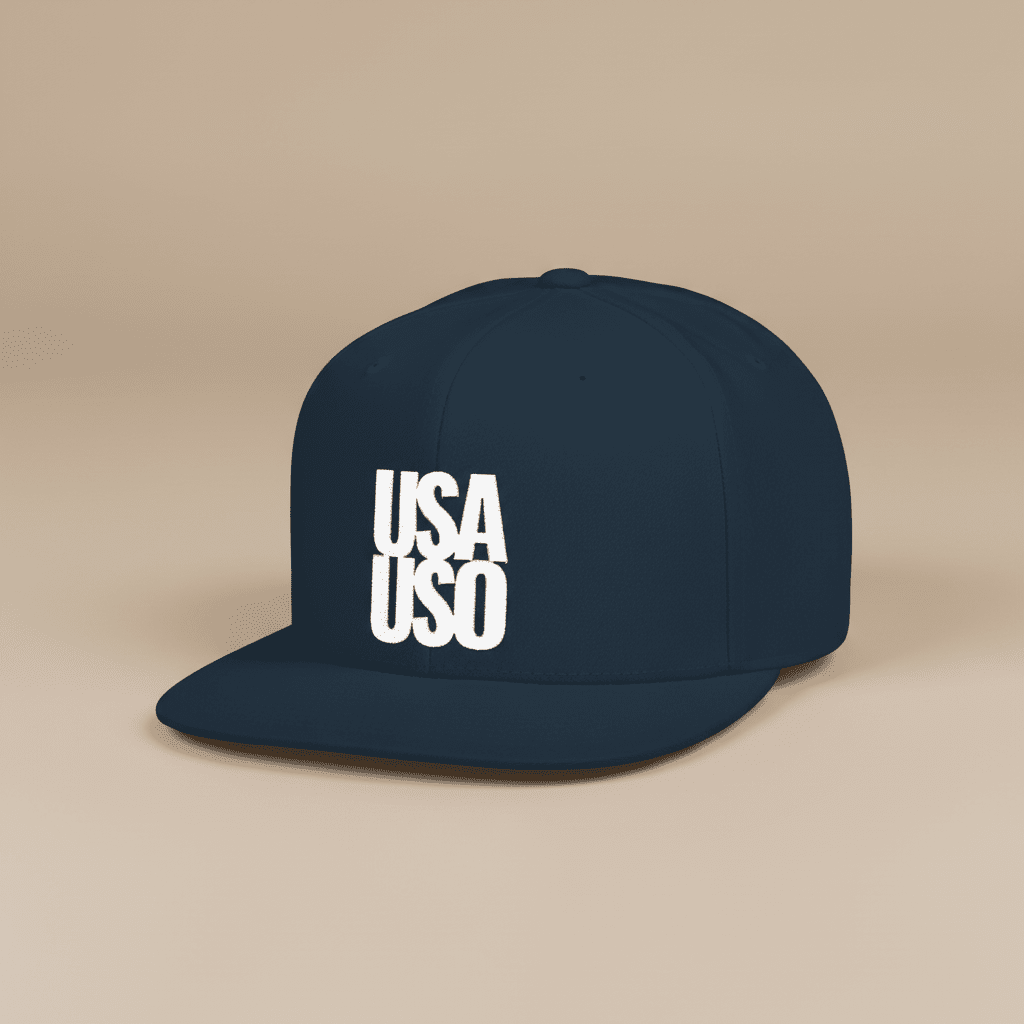 Black flat bill snapback hat by Fulfill Engine with white USA USO embroidery, adjustable one size fits most, suitable for AU/NZ/USA.