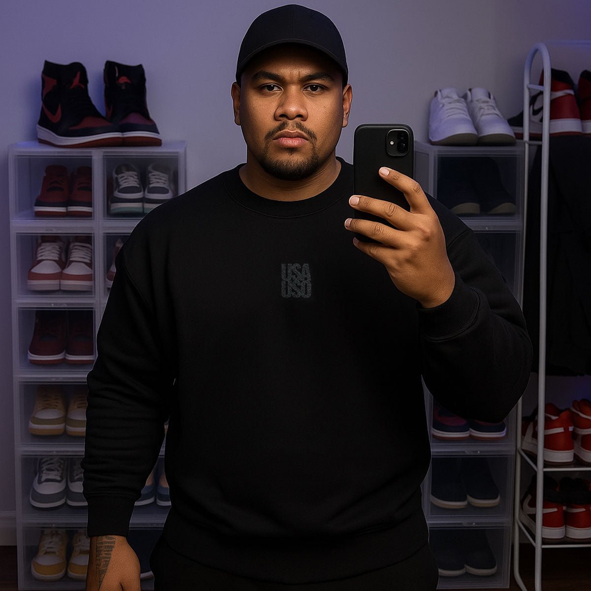 Black Fulfill Engine unisex heavy sweatshirt with USA USO embroidery, perfect for casual wear in AU, NZ, and the USA.