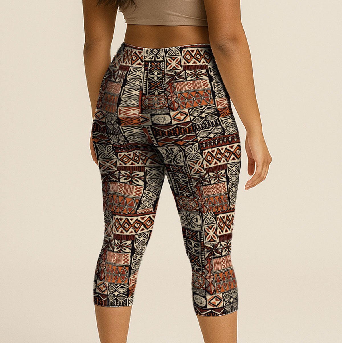 Brown Islandflex Capri Leggings by FYBY, lightweight and stretchy, shown on a model with a close-up of the fabric texture.