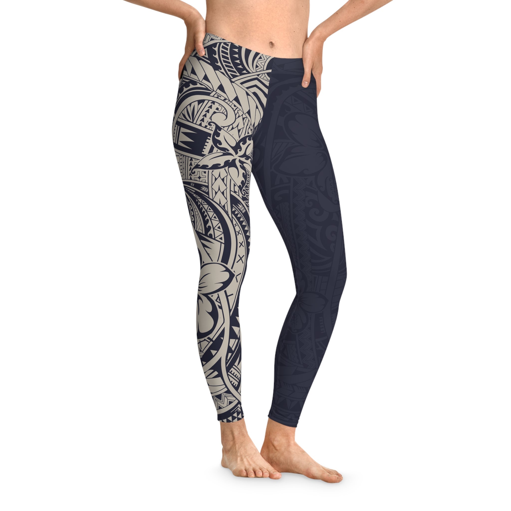 Dark blue FYBY IslandFlex mid-rise leggings with a floral Blue Bloom pattern, shown on a model.