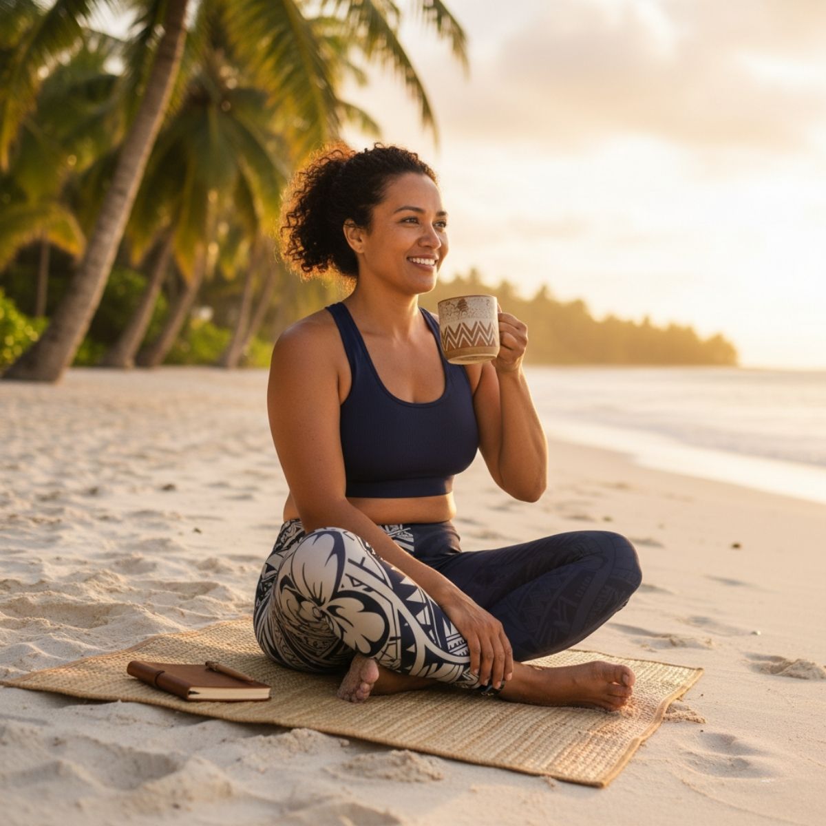 FYBY IslandFlex mid-rise leggings in Blue Bloom, dark blue color, shown on a model with a close-up of the fabric and fit.