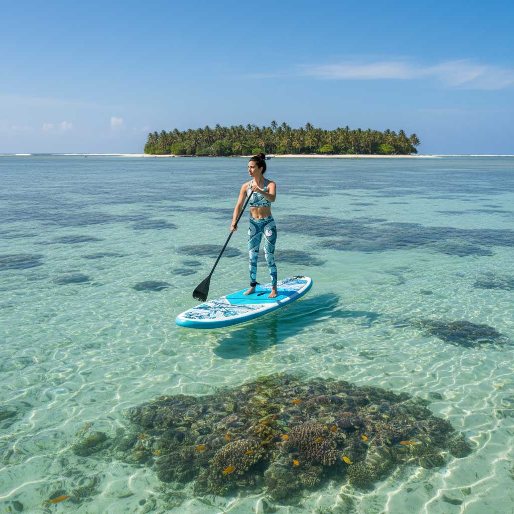 FYBY IslandFlex mid-rise leggings in Blue Waves, showcasing a snug fit and vibrant pattern for active wear.