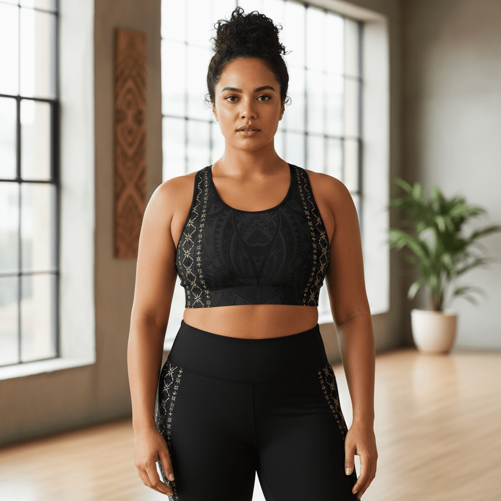 Black seamless sports bra by FYBY with subtle stitching, designed for comfort and support during workouts.