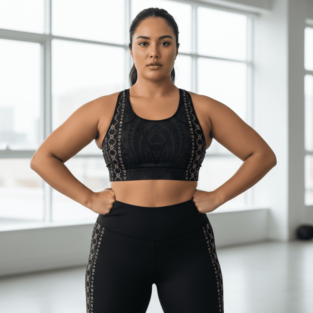 Black seamless sports bra by FYBY, Malu model, showing supportive fit and subtle stitching detail for AU, NZ, and USA markets.