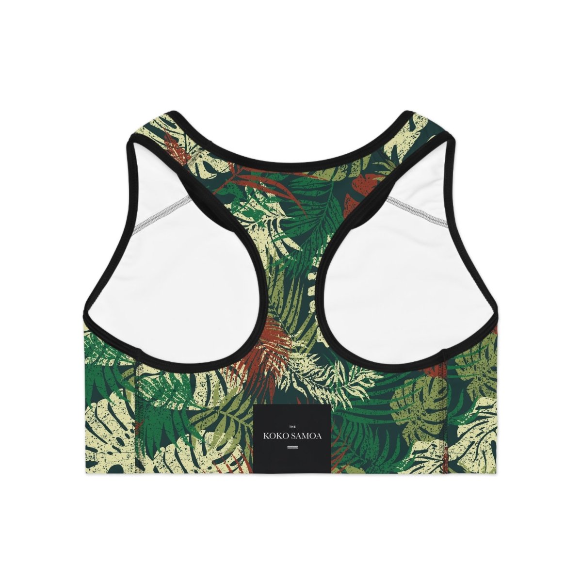 Black seamless sports bra by FYBY with green Tafatafa pattern, designed for active wear, showcasing comfortable fit and stitching details.