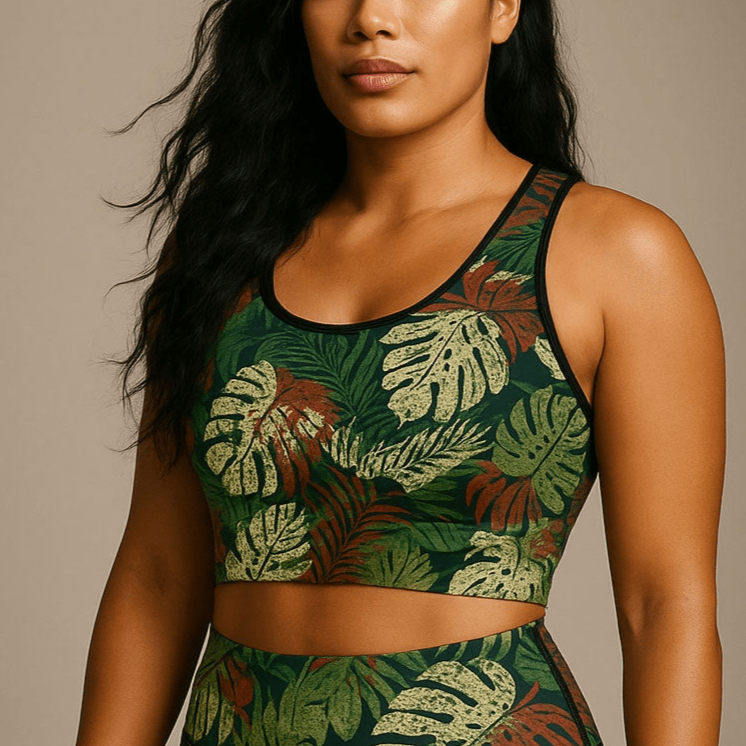 FYBY seamless sports bra in Tafatafa Greens with black stitching, designed for active wear and comfortable support.