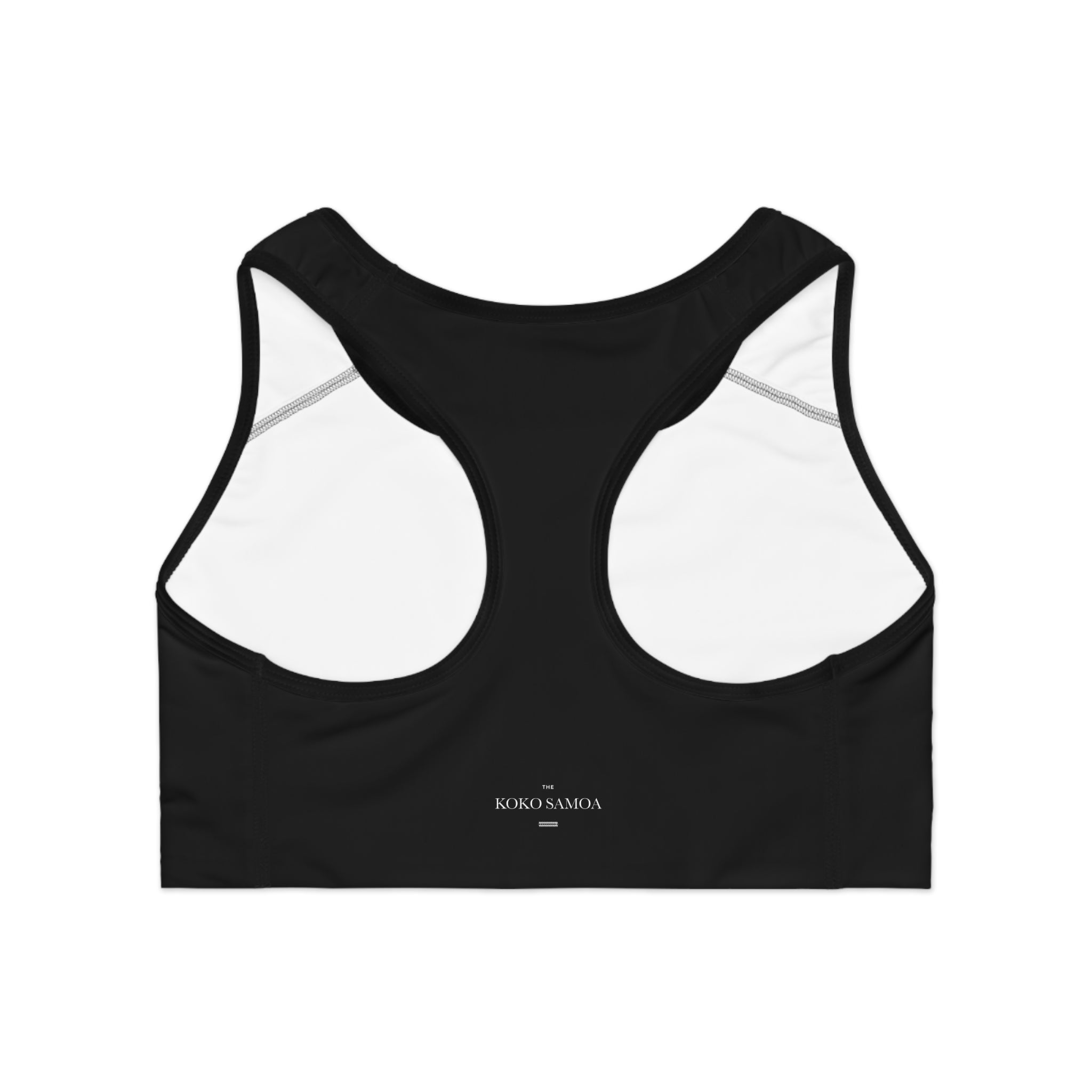 Black seamless sports bra by FYBY featuring subtle stitching, designed for comfortable active wear, from the Ula Fala collection.