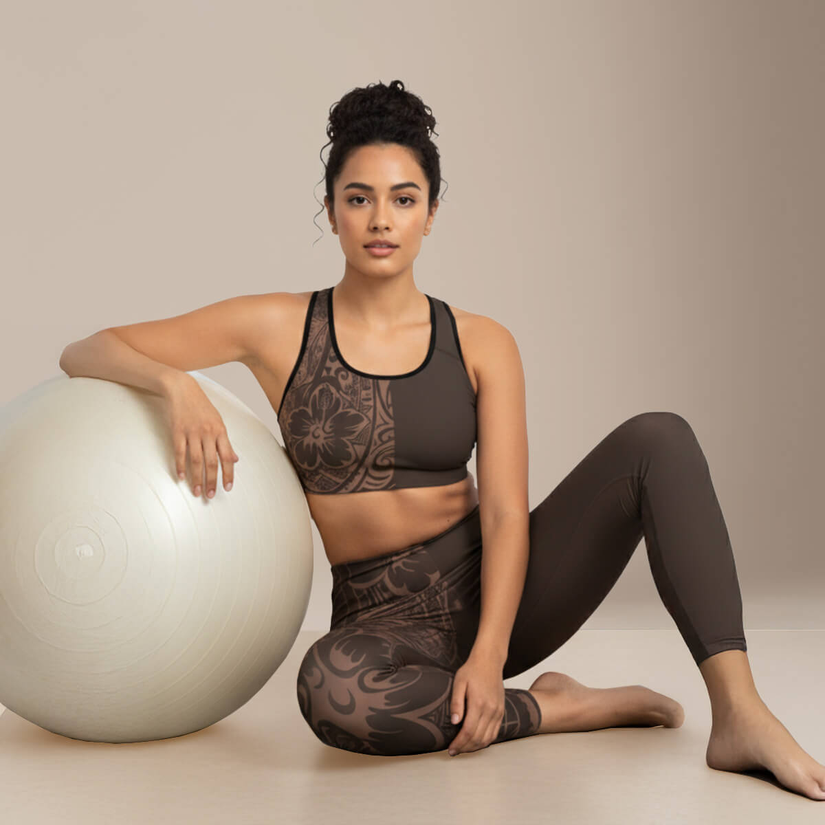 Miami Sublimation IslandRise high-waisted leggings in Bloom Mocha Mousse with black stitching, designed for active wear.