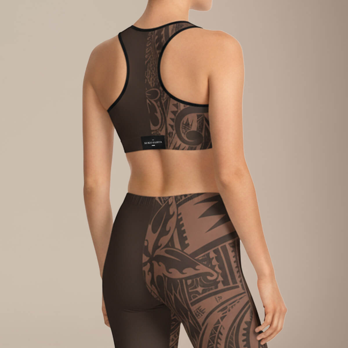 FYBY sports bra in Bloom Mocha Mousse with black stitching, designed for comfort and support during workouts.