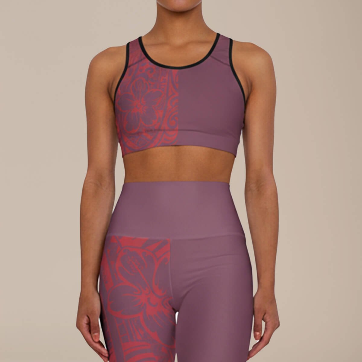 FYBY sports bra in Winterberry Red with black stitching, designed for active wear, shown on a neutral background.