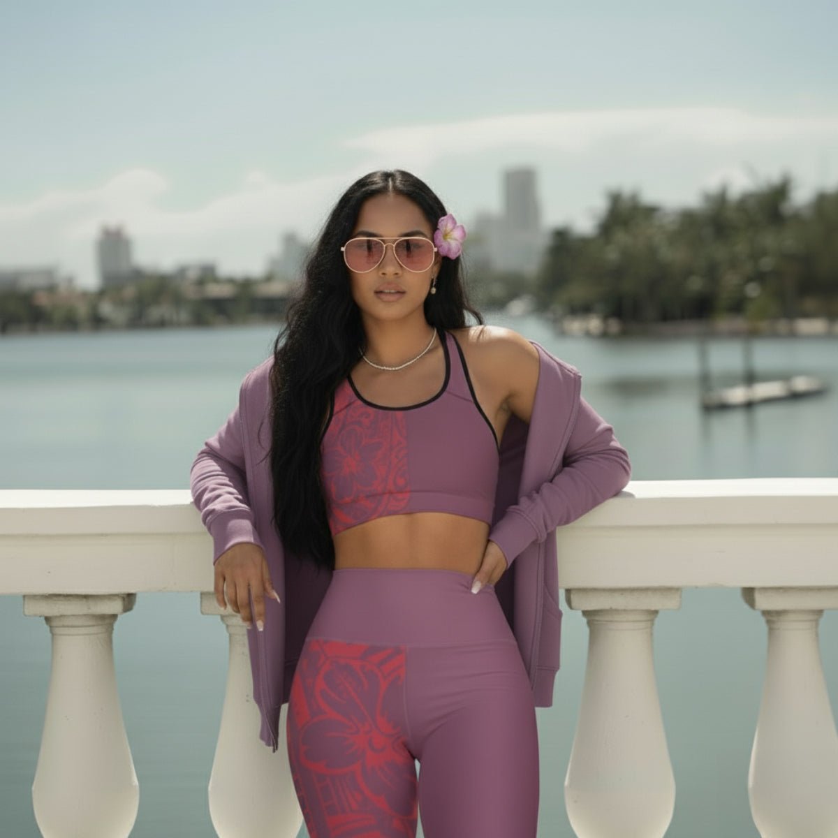 Miami Sublimation IslandRise high-waisted leggings in Winterberry Red, shown with black stitching, designed for active wear.