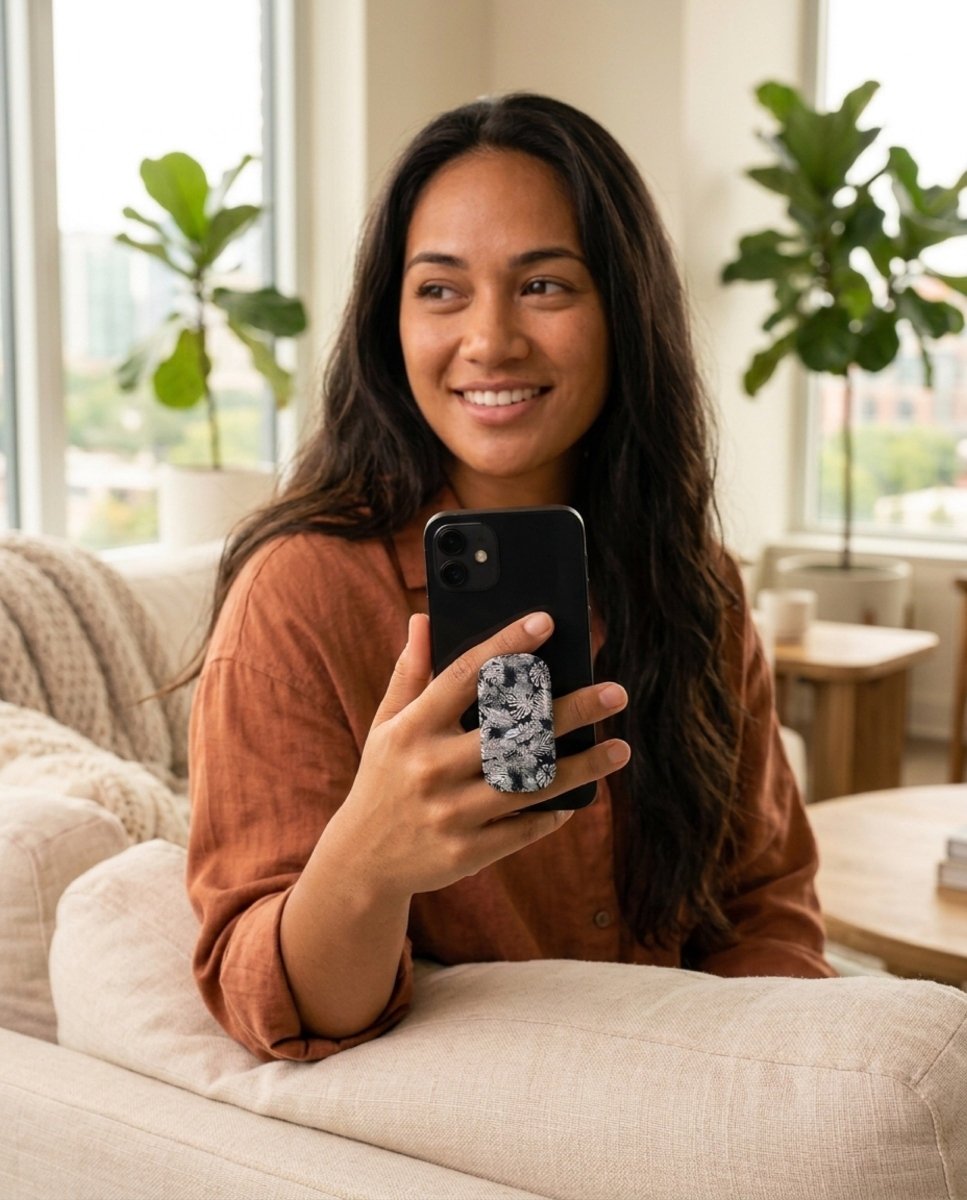WOYC Tiavi phone grip stand in black, with textured grip surface and adjustable kickstand, compatible with AU, NZ, and US devices.