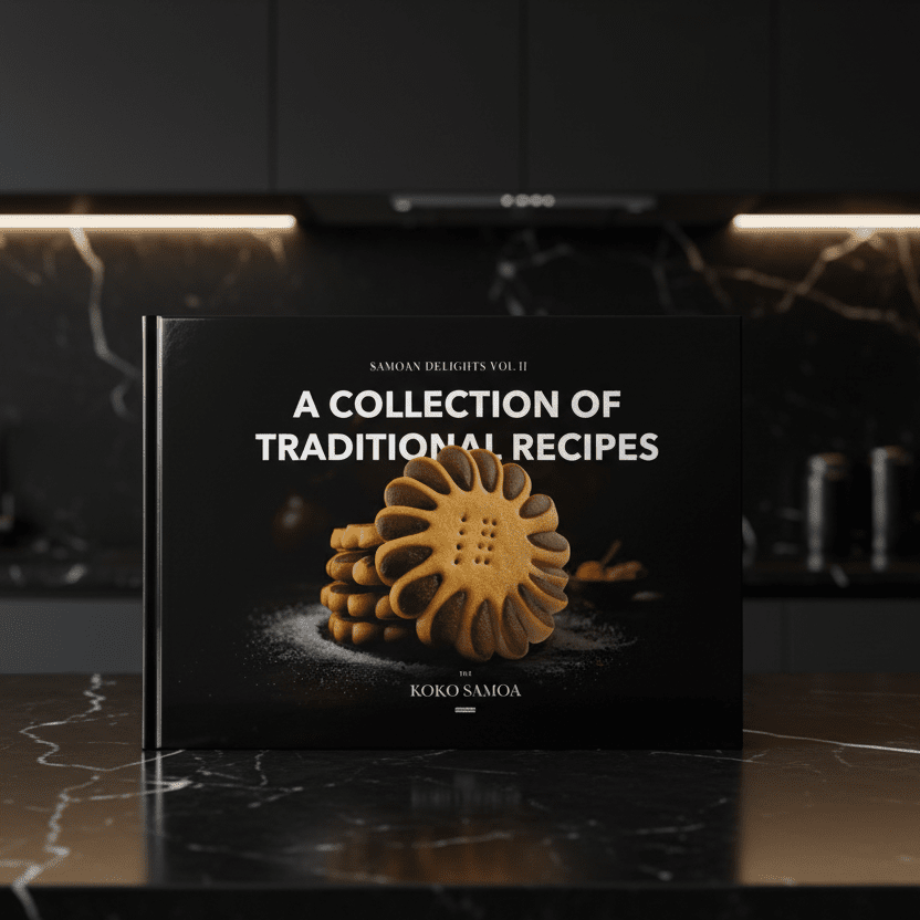 Hardcover A4 cookbook titled Samoan Delights featuring 12 Samoan recipes, published by Lulu Direct, with vibrant cover design.