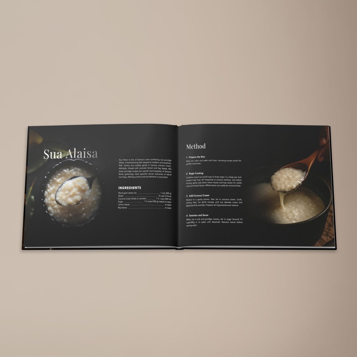 Hardcover keepsake book featuring six authentic Samoan recipes, titled "The Samoan Comfort Book," by District Photo.
