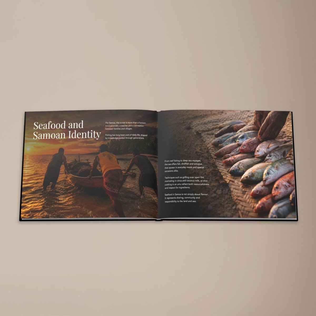 Hardcover keepsake book featuring 6 traditional Samoan recipes, published by District Photo, with colorful cover design.