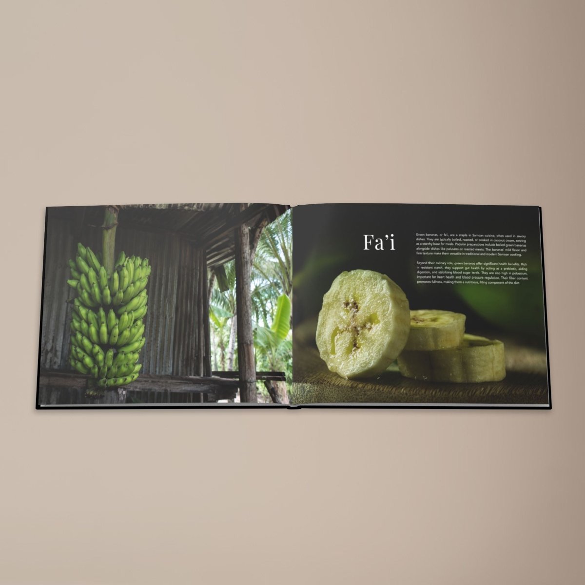 Hardcover keepsake book titled "The Samoan Mains Book" featuring six traditional Samoan recipes, by District Photo.