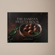Hardcover keepsake book titled The Samoan Sweets Book featuring six traditional Samoan recipes, with a colorful cover design.
