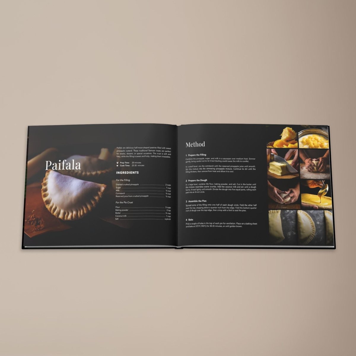 Hardcover keepsake book featuring six Samoan recipes, titled "The Samoan Sweets Book" by District Photo, with colorful cover design.