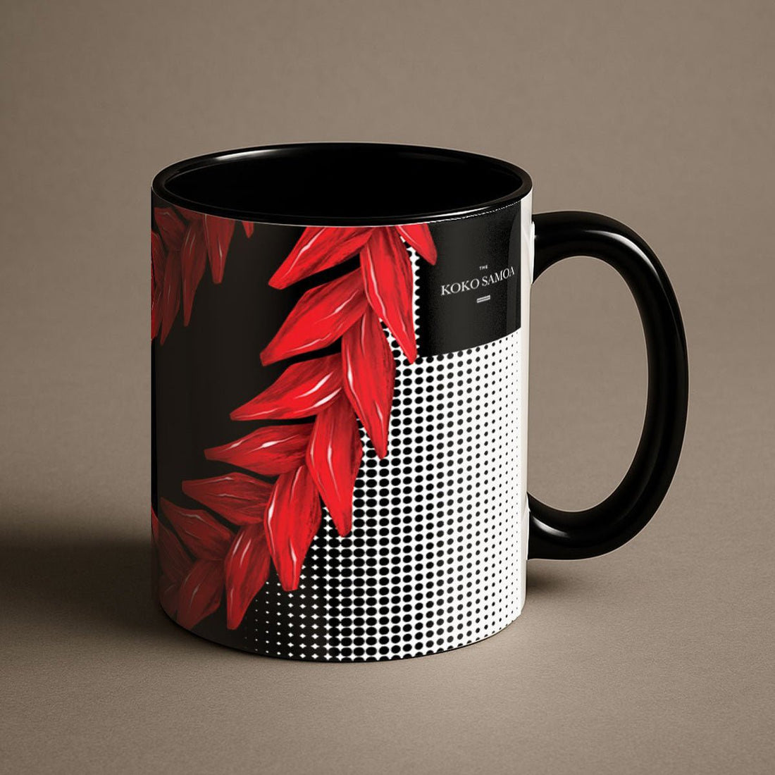 Black 325ml mug featuring Ula Fala design, shown with a sleek, modern look and detailed artwork.