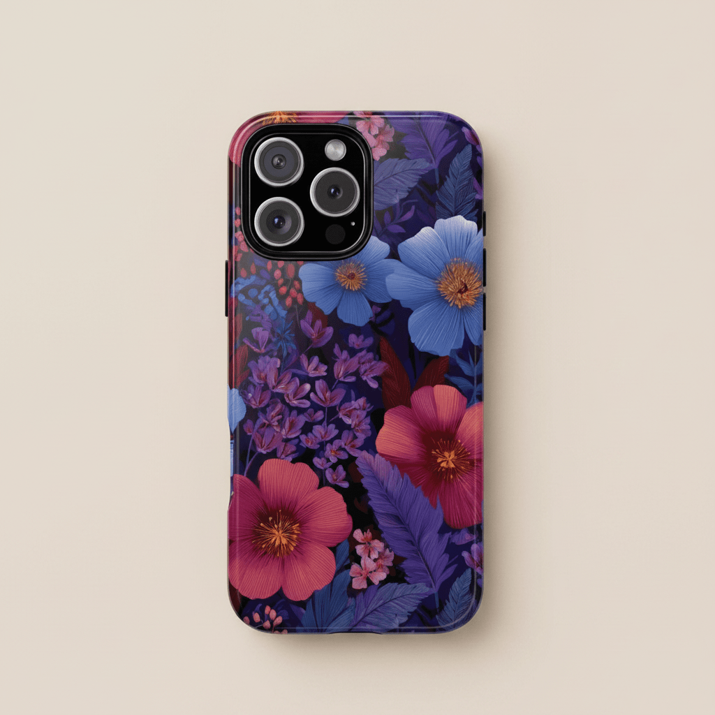 WOYC iPhone Tough Phone Case in Lavender Tropics design, durable protective cover for iPhone models, vibrant tropical pattern.