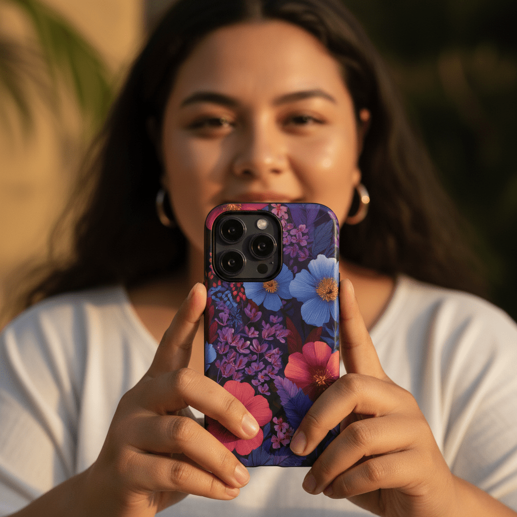 WOYC iPhone Tough Phone Case in Lavender Tropics design, durable protective case for iPhones with tropical pattern.