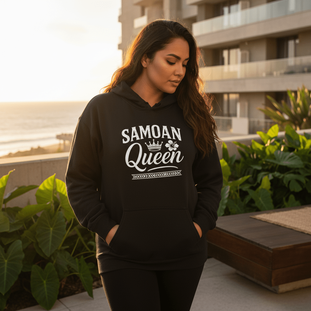 Samoan Queen IslandHeavy™ hoodie in plus sizes 2XL-5XL, featuring vibrant island-inspired design and bold Samoan Queen graphics.