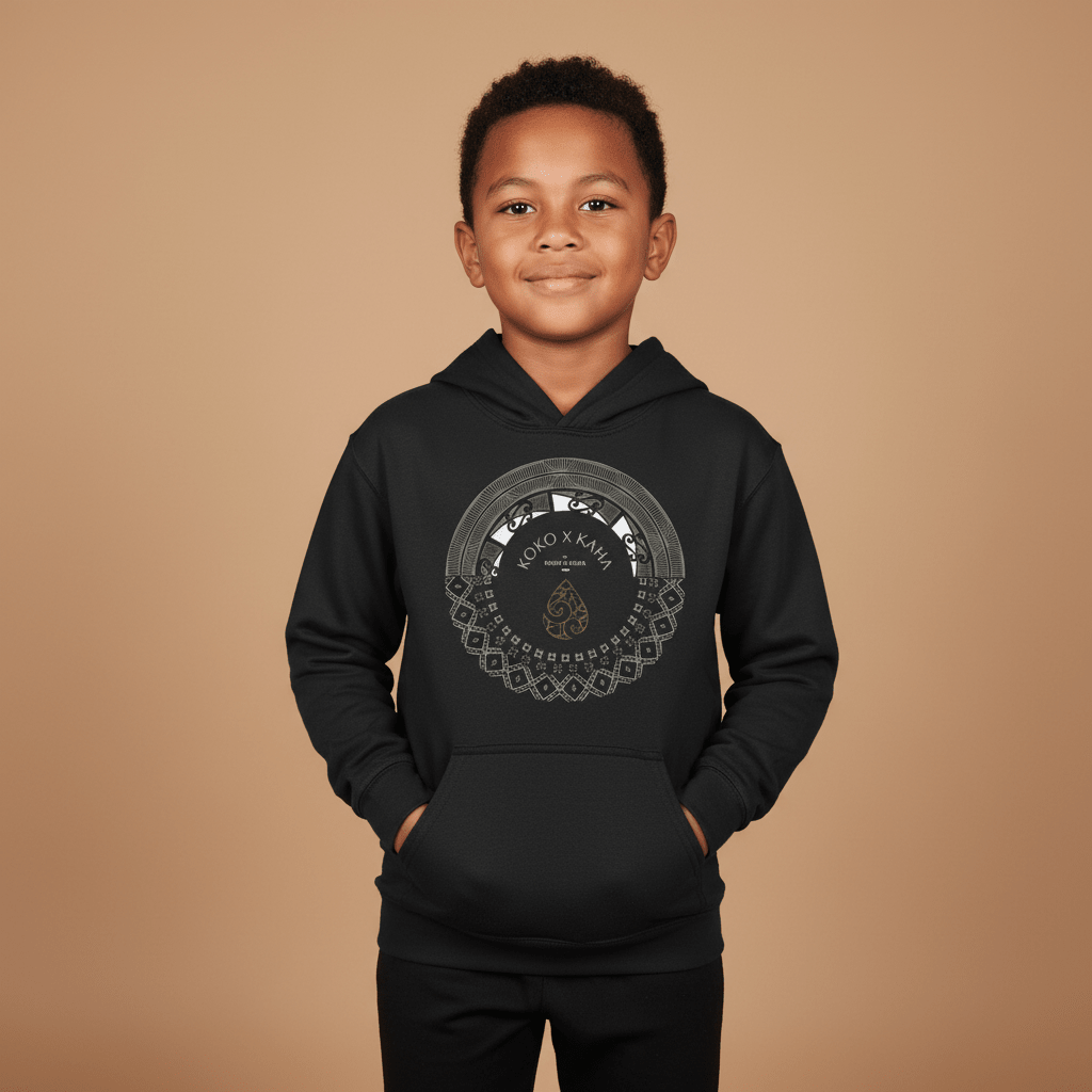 Kids hoodie by The Print Bar featuring PasifikaOne Aotearoa Samoa design, colorful Polynesian pattern, and comfortable hoodie fit.
