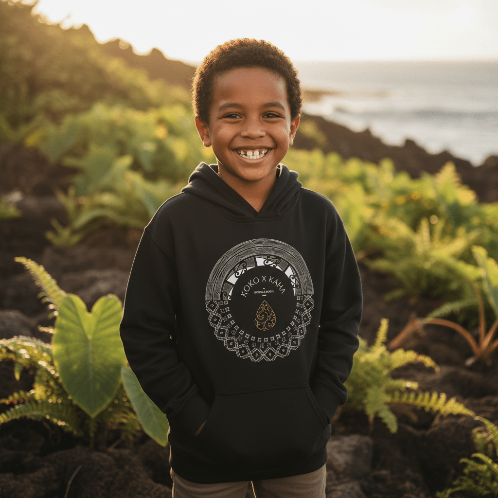 Kids hoodie by The Print Bar featuring PasifikaOne Aotearoa Samoa design, colorful Polynesian-inspired graphics for children.
