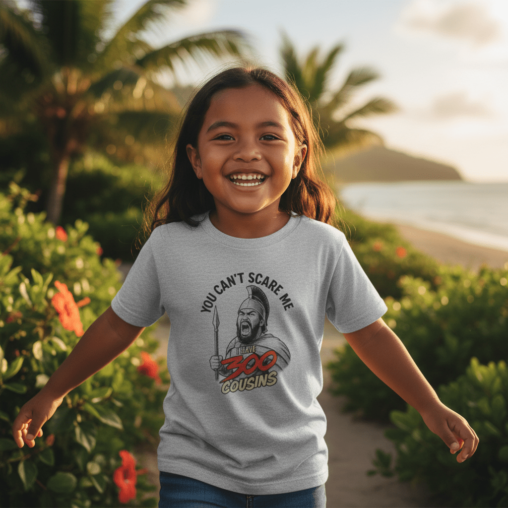 Kids unisex tee by The Print Bar featuring "300 Cousins" design, showcasing colorful text on a comfortable cotton t-shirt.