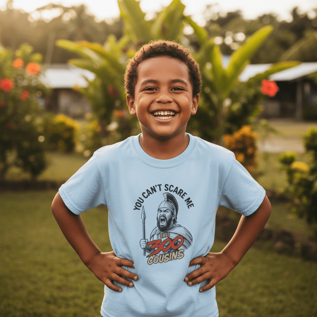 Kids unisex tee by The Print Bar with "300 Cousins" design, featuring playful graphics on a colorful kids' T-shirt.