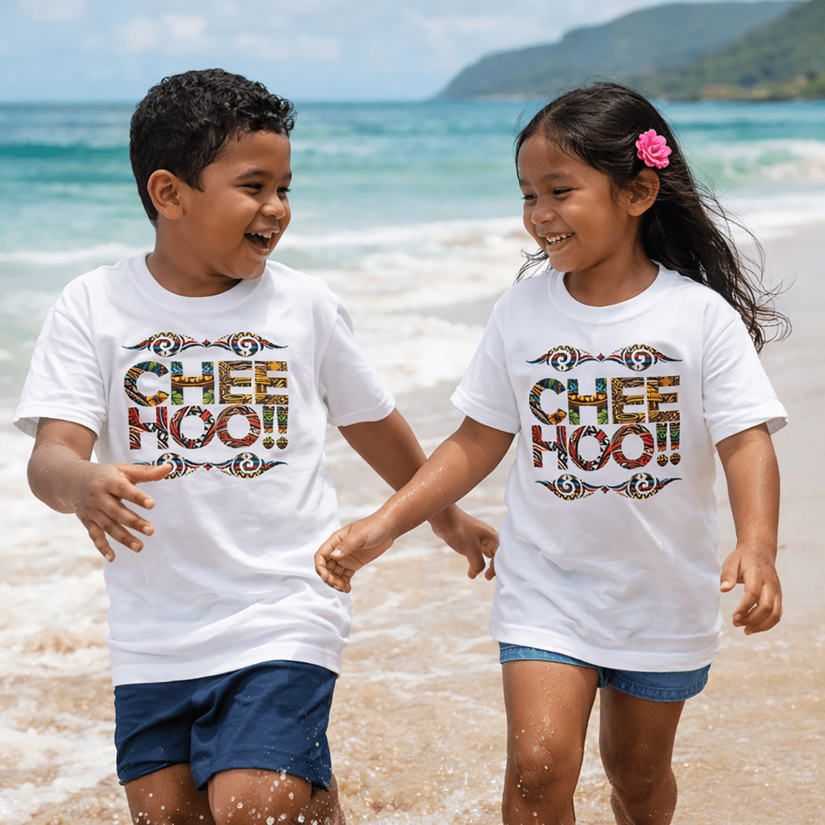 Kids unisex CHEEHOO! T-shirt by The Print Bar, featuring colorful text design, worn by a child in a casual outfit.