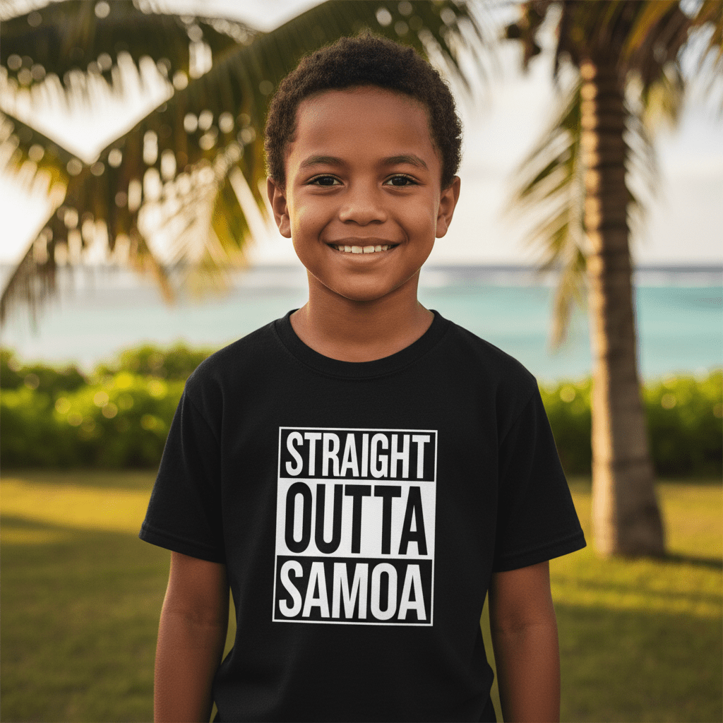 Kids unisex T-shirt featuring "Straight Outta Samoa" design, made by The Print Bar, showing vibrant print on front.