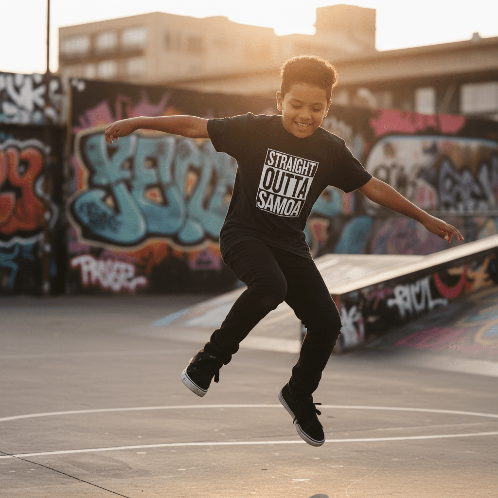 Kids unisex tee with "Straight Outta Samoa" print, designed for children, featuring vibrant Samoa-themed graphics.