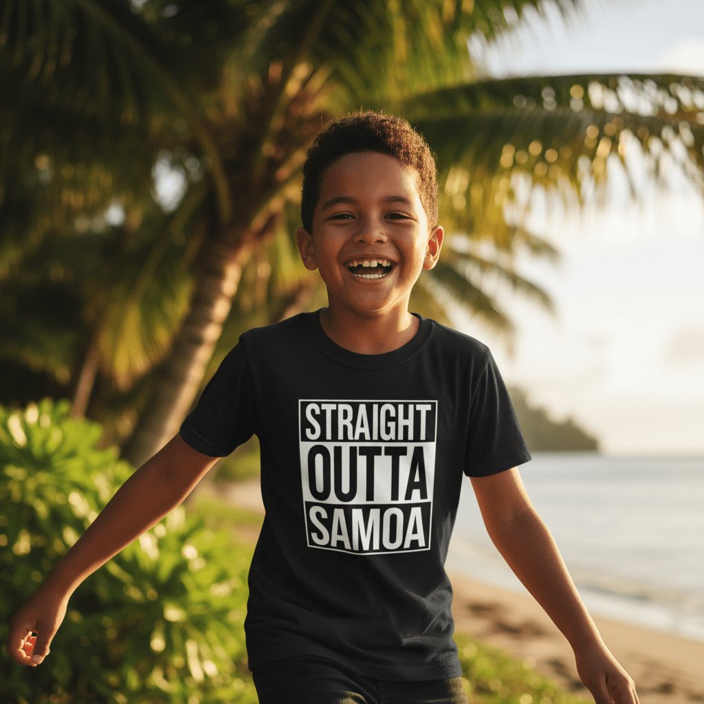 Kids unisex T-shirt featuring "Straight Outta Samoa" design, casual kids' clothing, in a colorful, comfortable style.