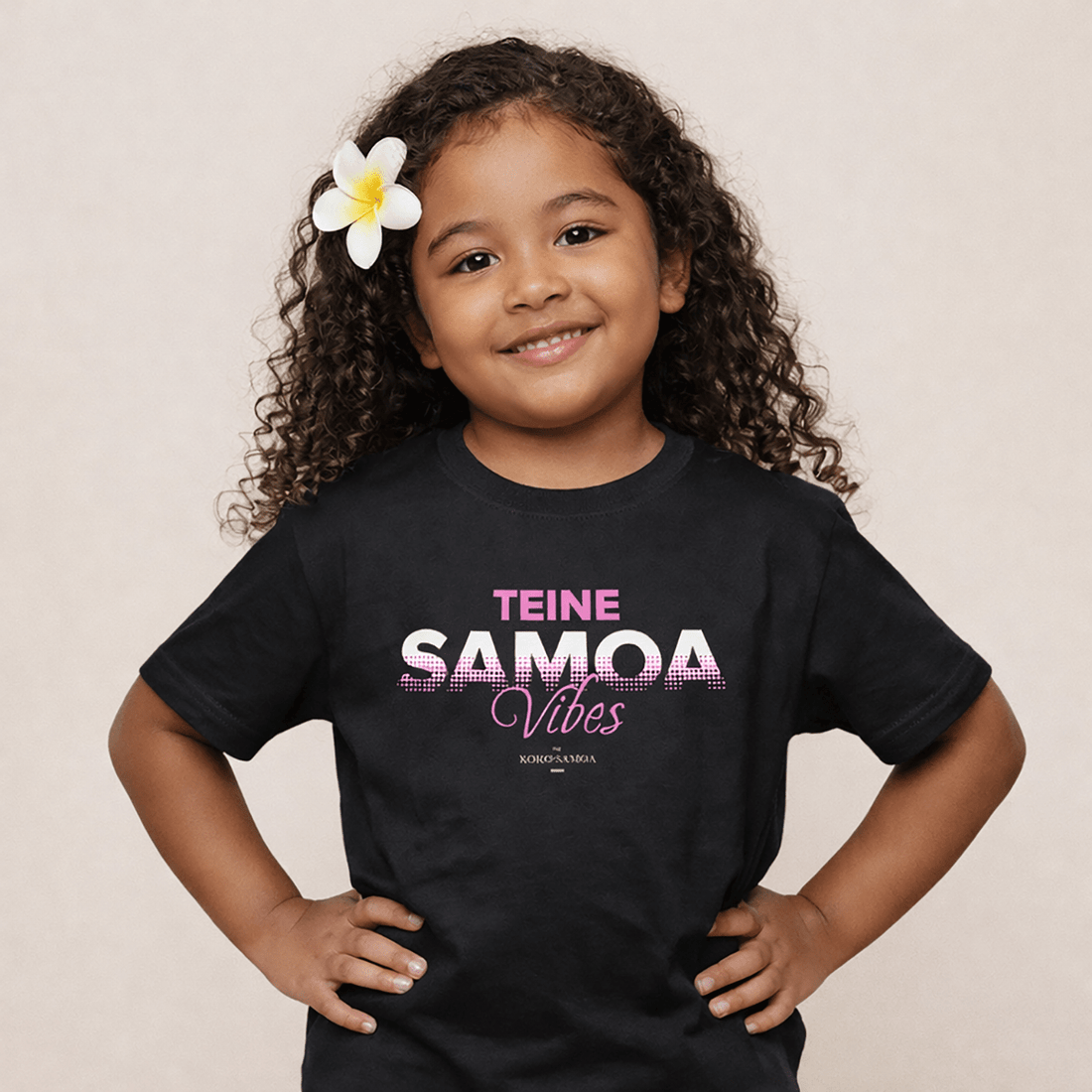 Kids unisex Tee featuring Teine Samoa Vibes design, made by The Print Bar, showing colorful Samoa-inspired graphics on the front.